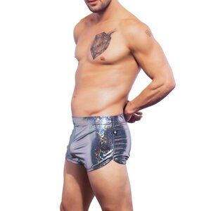 6438 Andrew Christian Disco Shorts Silver Hologram
